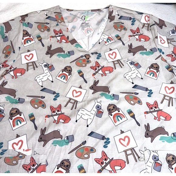 GT Performance Tops - GT Performance Scrub Top Women 2X Gray Artist‎ Animals Paint V Neck Nurse